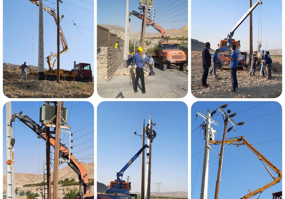 نصب ۵ اصله تیر بتنی فشار متوسط و جابجایی ترانس کج شده با پایه های فرسوده روستای تمبی در عملیات خاموشی ۲۳ شهریور ۱۴۰۰