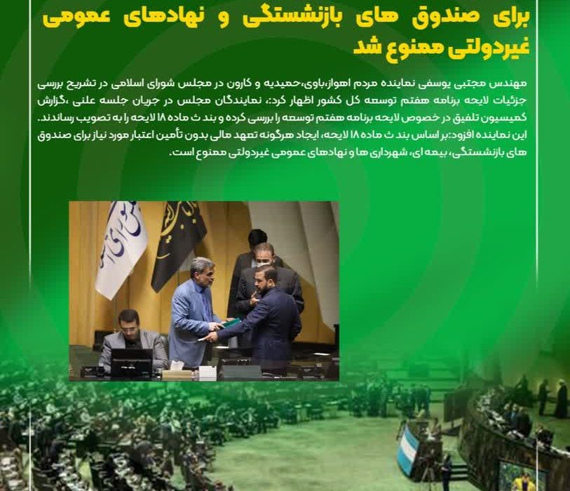 نماینده اهواز خبر داد:  با مصوبه مجلس ایجاد هر گونه تعهد بدون تامین اعتبار برای صندوق های بازنشستگی و نهادهای عمومی غیردولتی ممنوع شد
