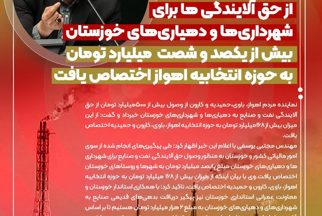 نماینده اهواز خبرداد؛ وصول پانصد میلیارد تومان از حق آلایندگی ها برای شهرداری‌ها و دهیاری‌های خوزستان/بیش از یکصد و شصت  میلیارد تومان به حوزه انتخابیه اهواز اختصاص یافت
