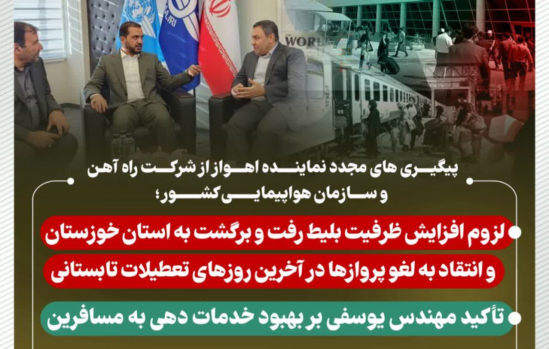 پیگیری های مجدد نماینده اهواز از شرکت راه آهن و سازمان هواپیمایی کشور؛