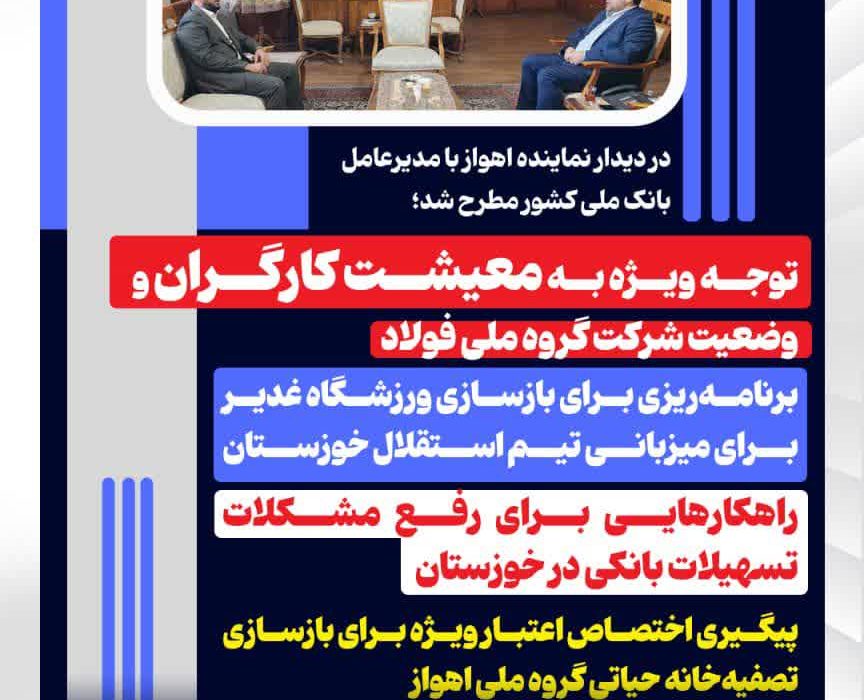 در دیدار نماینده اهواز با مدیرعامل بانک ملی کشور مورد بررسی قرار گرفت