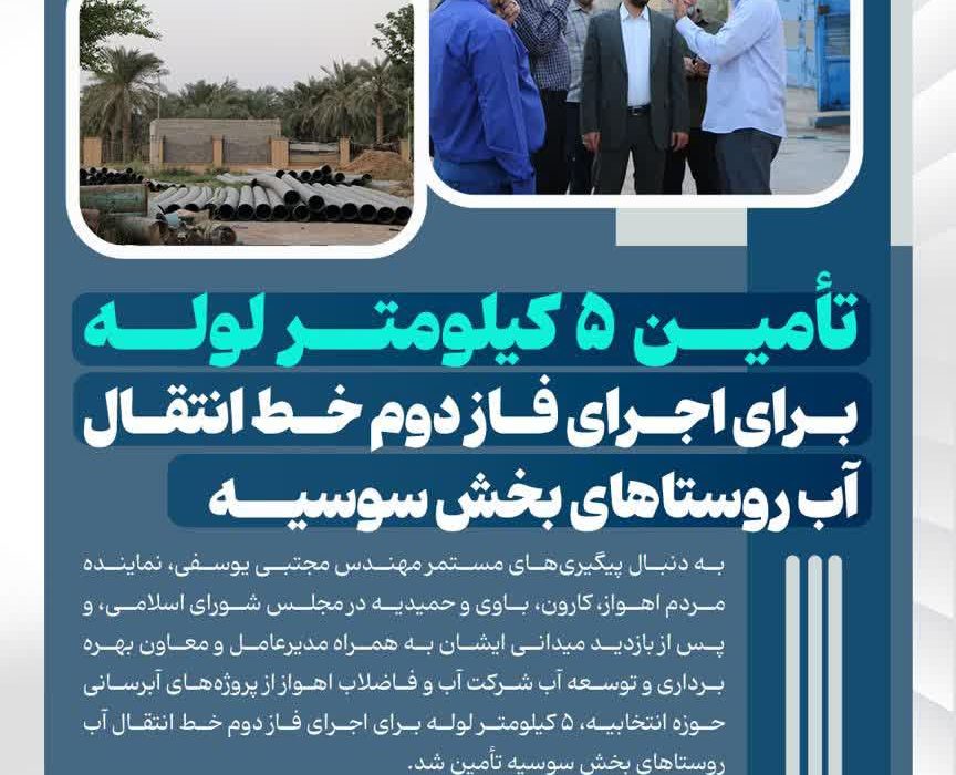 تأمین ۵ کیلومتر لوله برای اجرای فاز دوم خط انتقال آب روستاهای بخش سوسیه